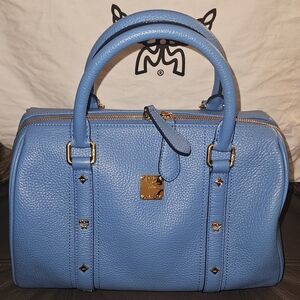 MCM Sky Blue Leather Boston Bag